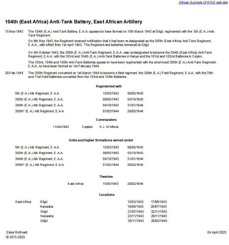 Summary history of the 104th (East Africa) Anti-Tank Battery