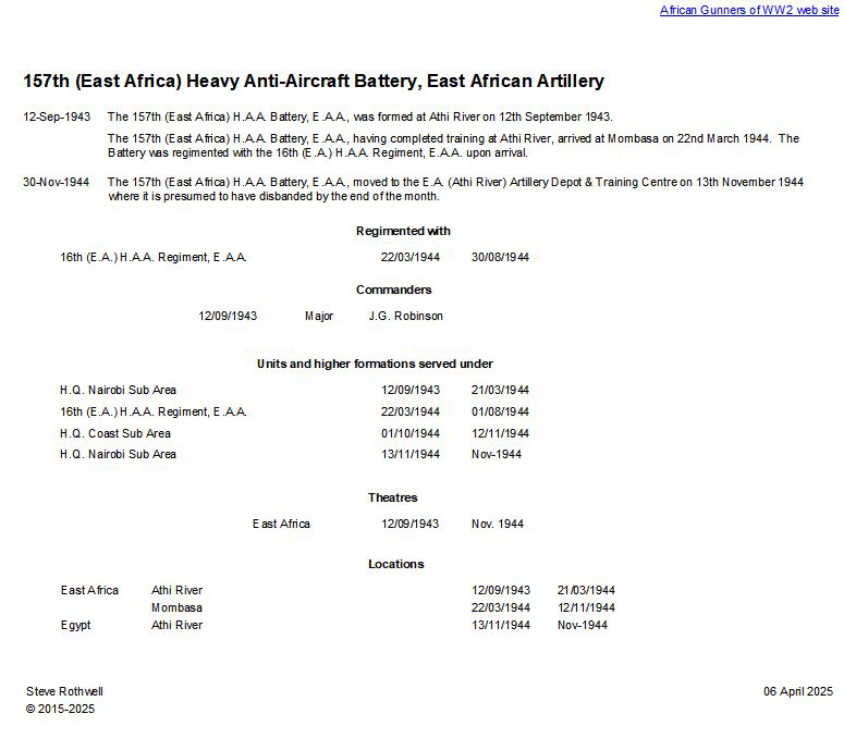 Summary history of the 157th (East Africa) H.A.A. Battery, E.A.A.