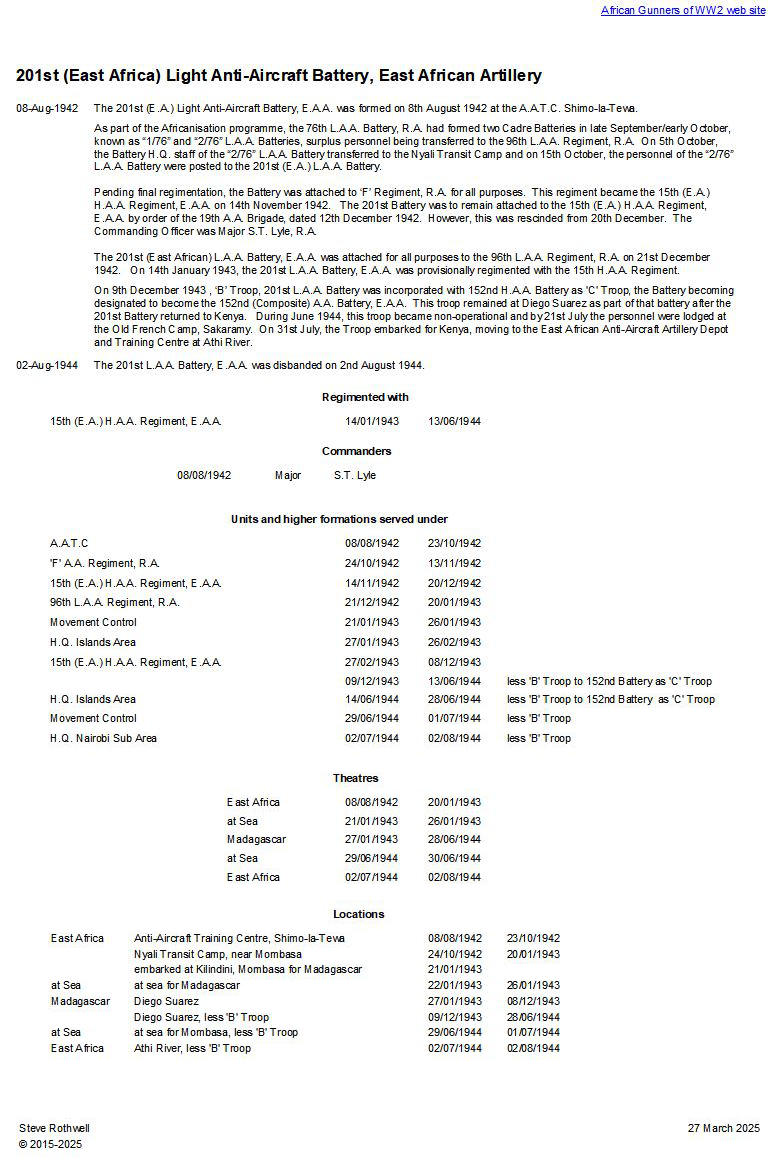 Summary history of the 201st (East Africa) L.A.A. Battery, E.A.A.