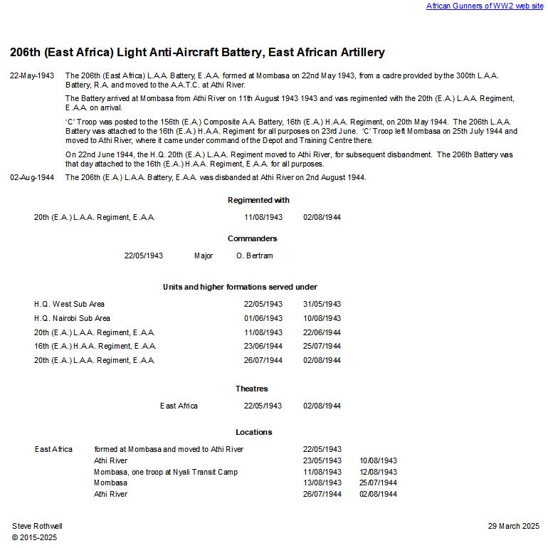 Summary history of the 206th (East Africa) L.A.A. Battery, E.A.A.