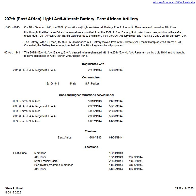 Summary history of the 207th (East Africa) L.A.A. Battery, E.A.A.