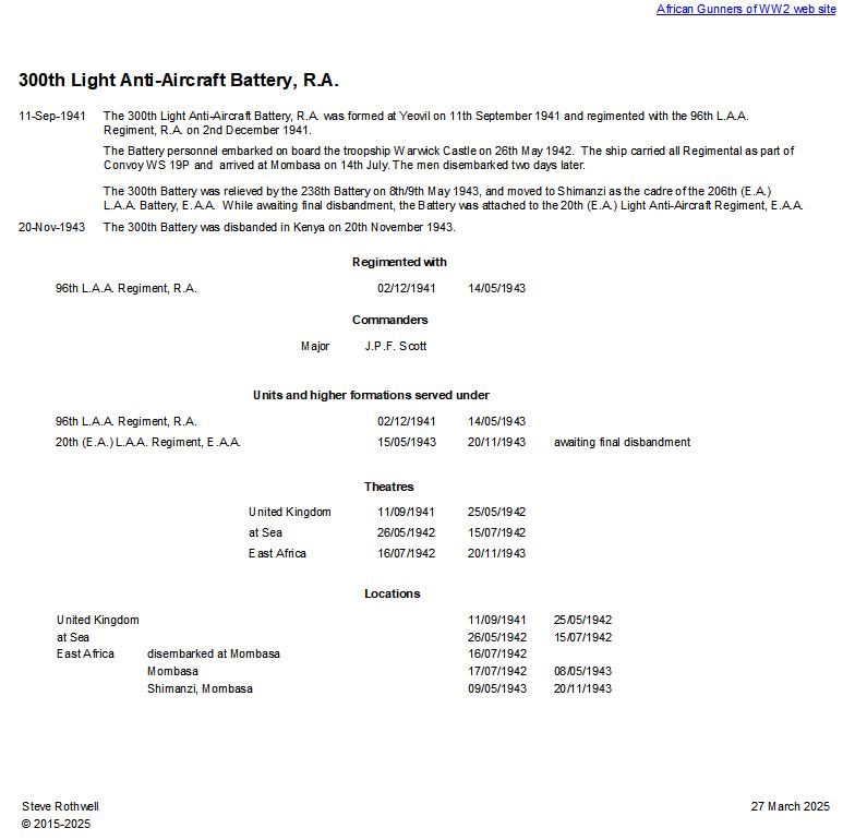 Summary history of the 300th L.A.A. Battery, R.A.