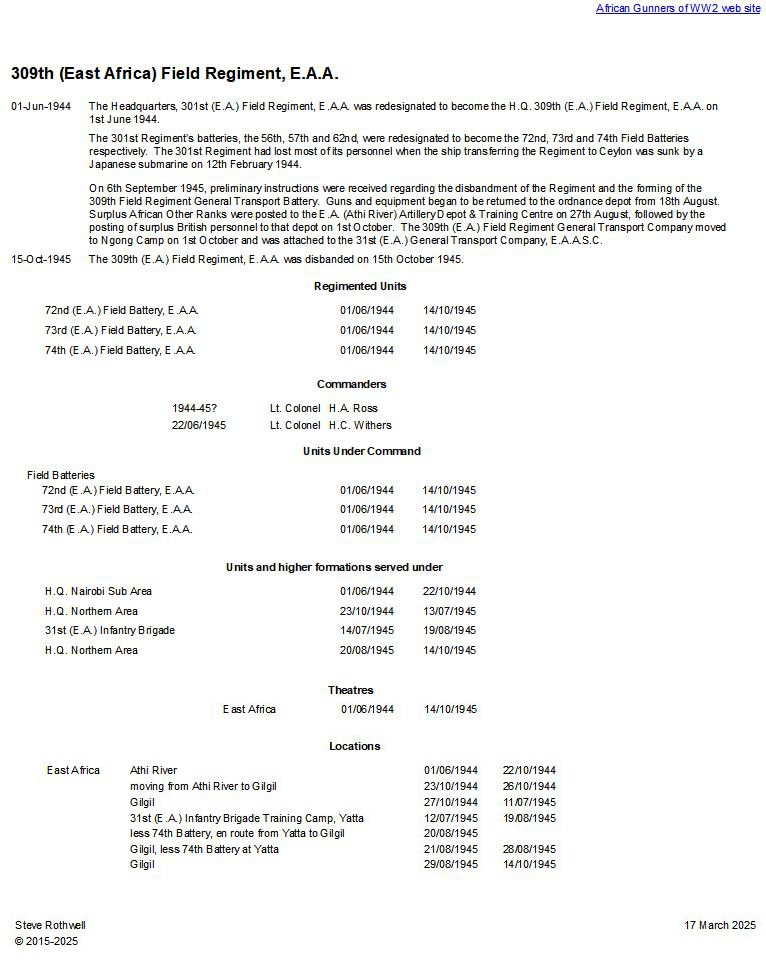 Summary history of the 309th (East Africa) Field Regiment, E.A.A.