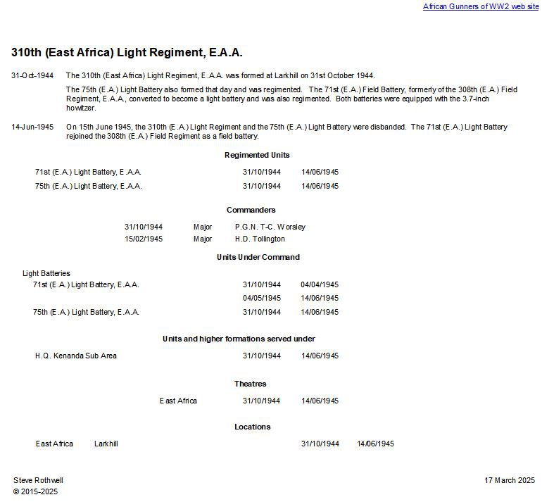 Summary history of the 310th (East Africa) Light Regiment, E.A.A.