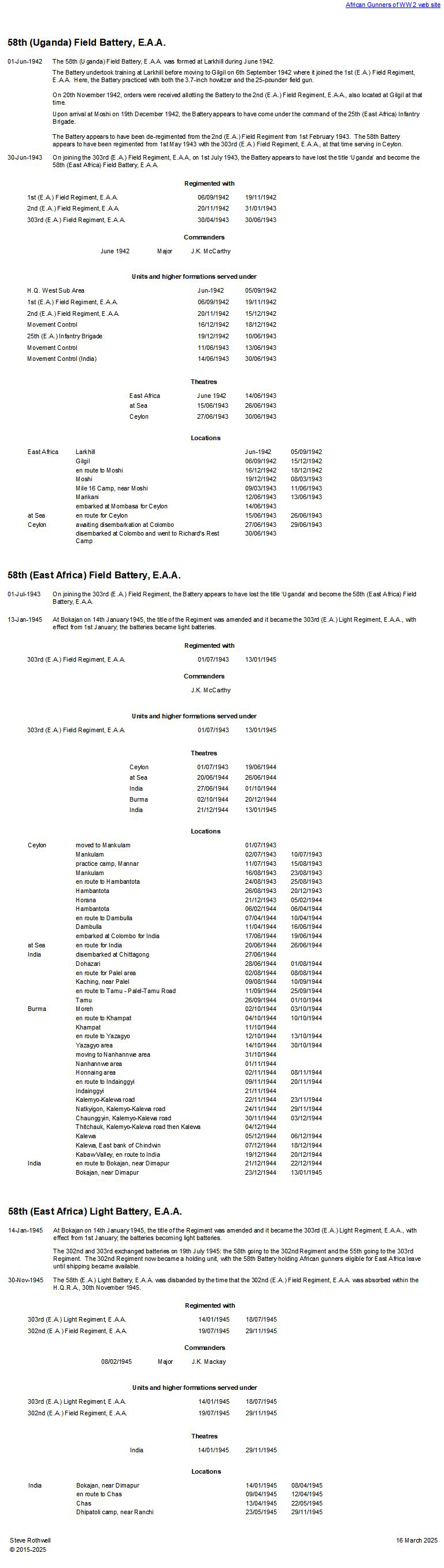 Summary history of the 58th (East Africa) Field Battery, E.A.A.