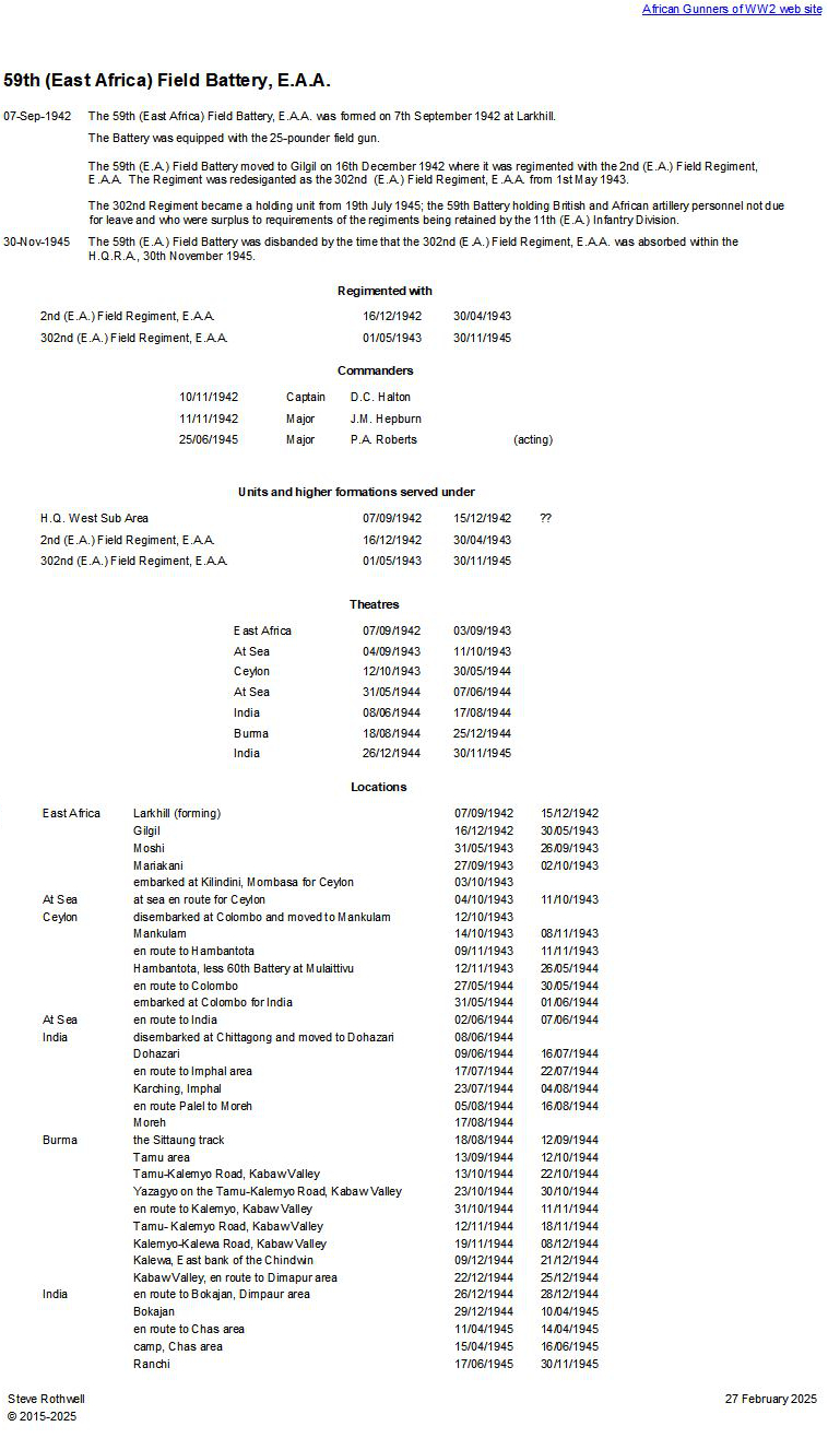 Summary history of the 59th (East Africa) Field Battery, E.A.A.