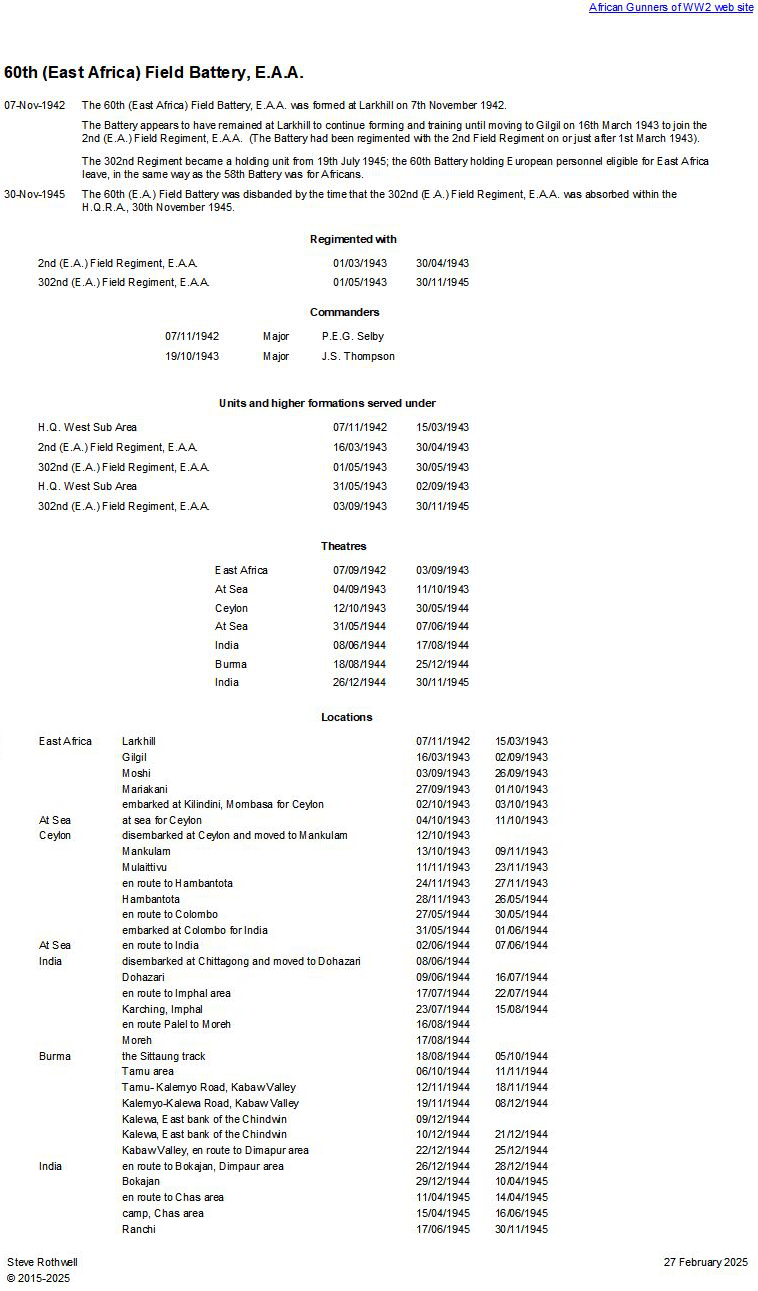Summary history of the 60th (East Africa) Field Battery, E.A.A.