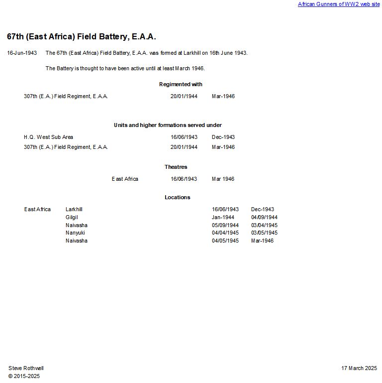 Summary history of the 67th (East Africa) Field Battery, E.A.A.