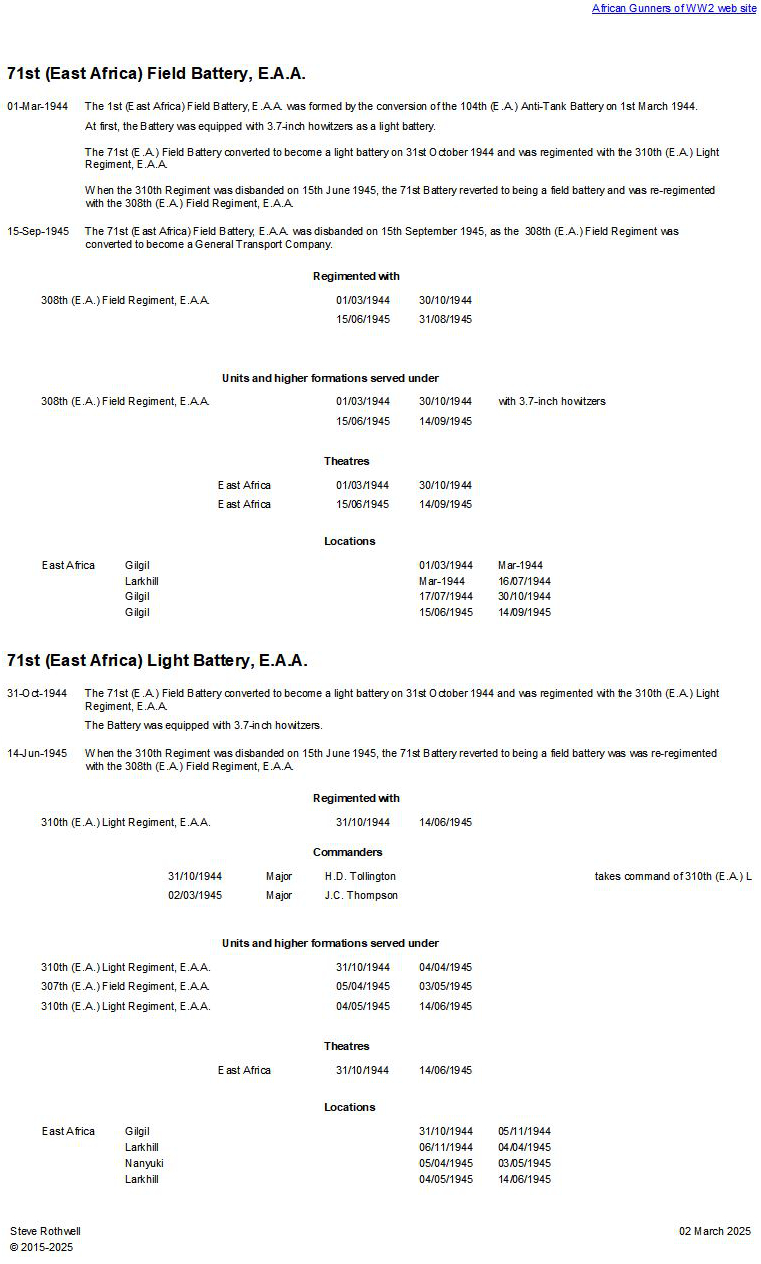 Summary history of the 71st (East Africa) Field Battery, E.A.A.