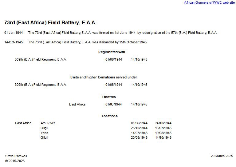 Summary history of the 73rd (East Africa) Field Battery, E.A.A.