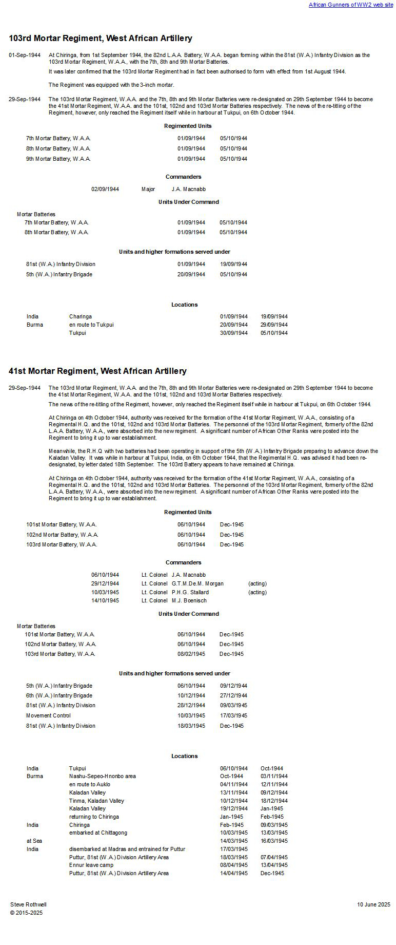 Summary history of the 103rd - 41st Mortar Regiment, W.A.A.