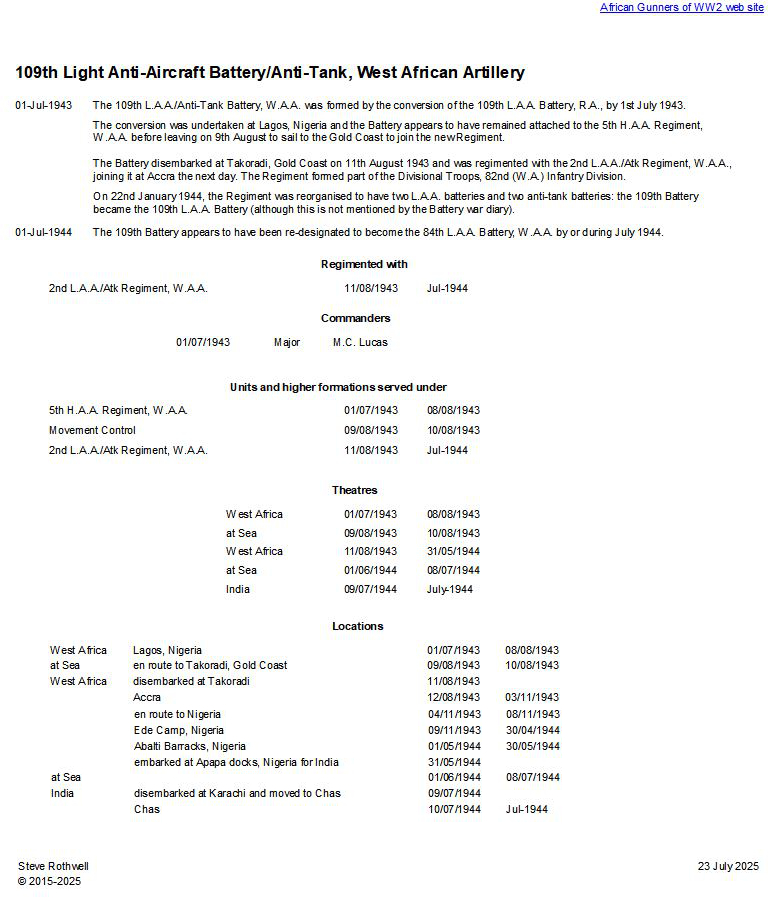 Summary history of the 109th Light Anti-Aircraft/Anti-Tank Battery, W.A.A.