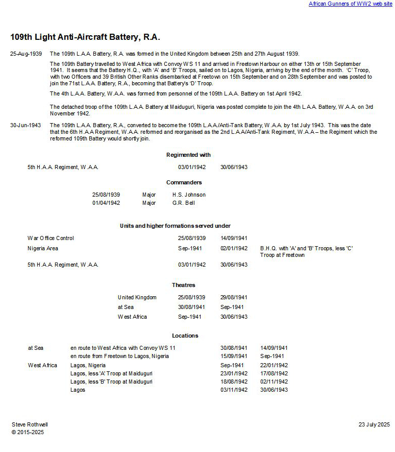 Summary history of the 109th L.A.A. Battery, R.A.