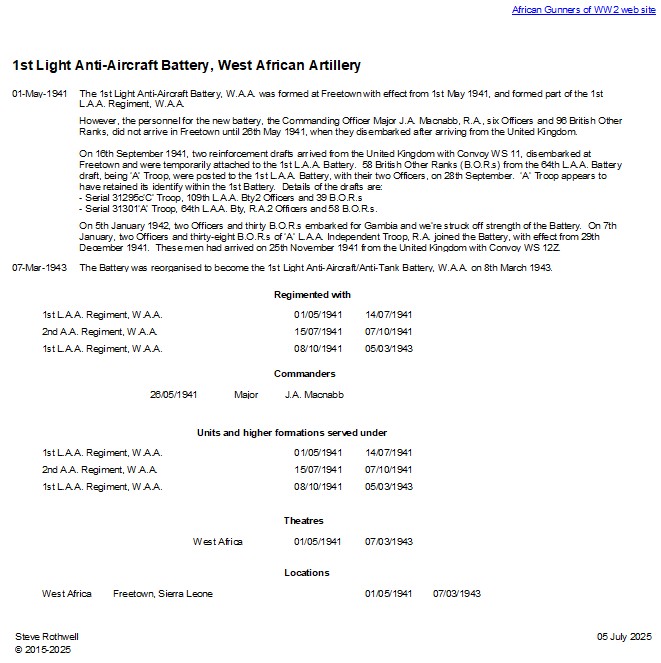 Summary history of the 1st L.A.A.Battery, W.A.A.
