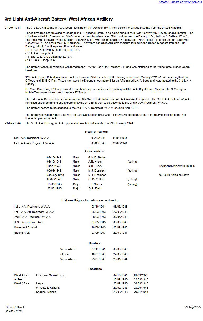 Summary history of the 3rd Light Anti-Aircraft Battery, W.A.A.