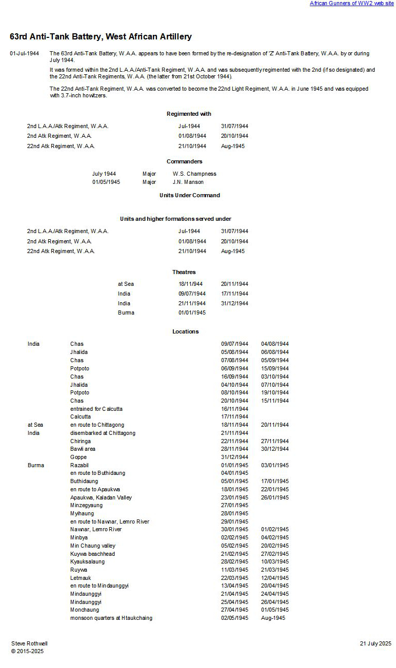 Summary history of the 63rd Anti-Tank Battery, W.A.A.