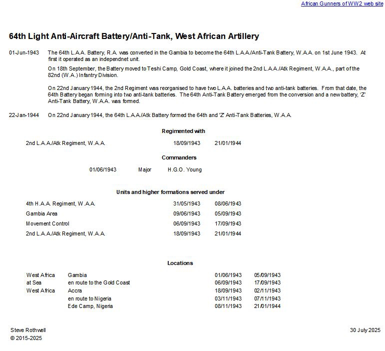 Summary history of the 64th L.A.A./Anti-Tank Battery, W.A.A.