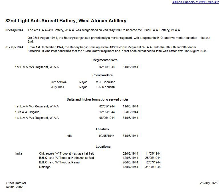 Summary history of the 82nd Light Anti-Aircraft Battery, W.A.A.