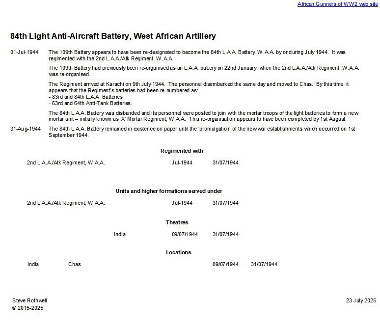 Summary history of the 84th L.A.A. Battery, W.A.A.