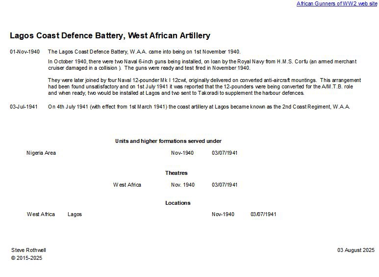 Summary history of the Lagos Coast Defence Battery, W.A.A.