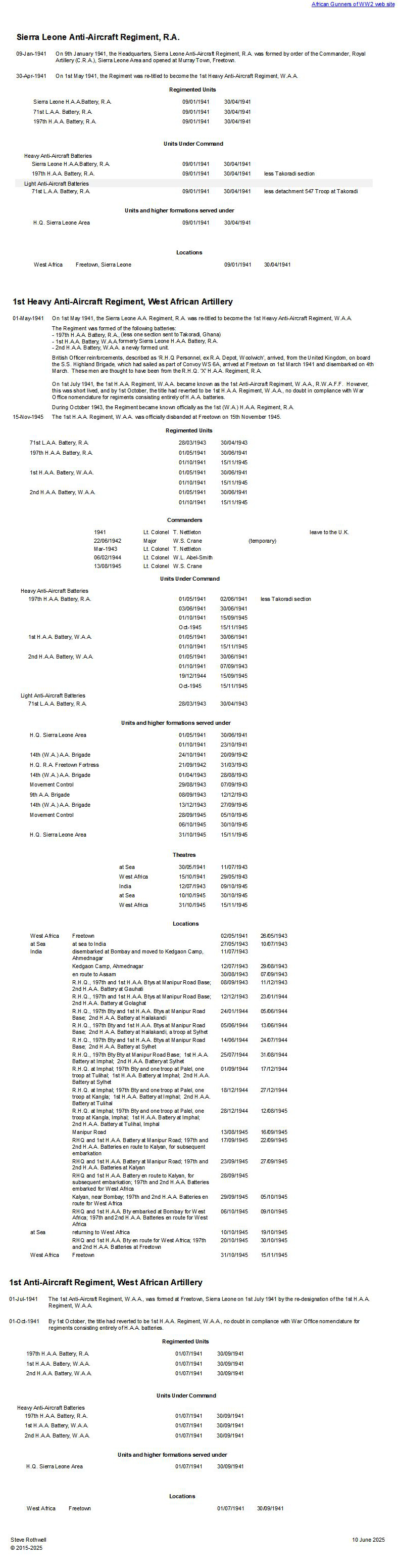 Summary history of the Sierra Leone A.A. Regiment, R.A. - 1st H.A.A./A.A. Regiment, W.A.A.