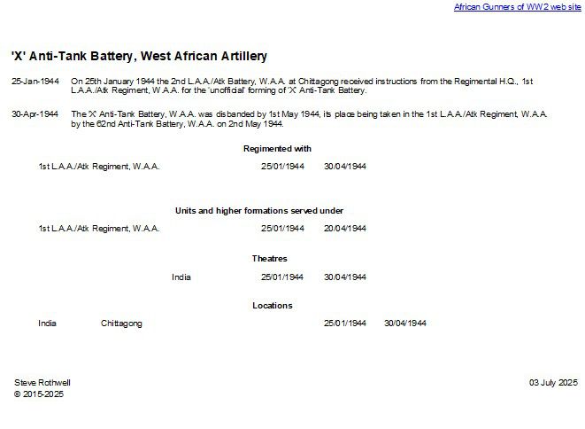 Summary history of the 'X' Anti-Tank Battery, W.A.A.